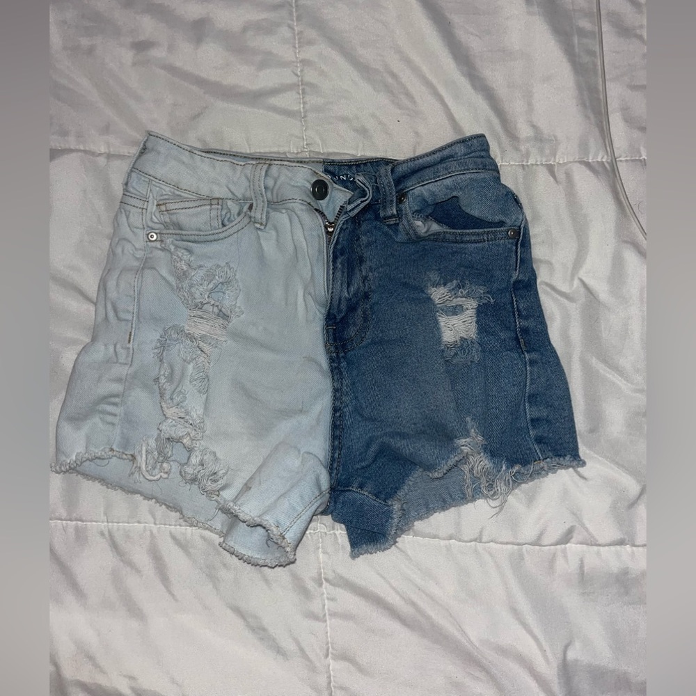 split color ripped denim shorts